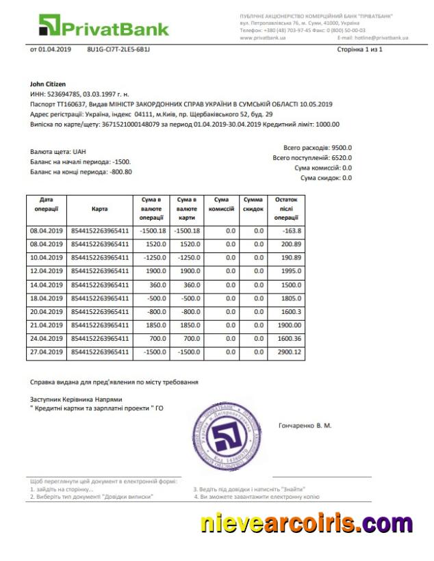 Ukraine Privatbank statement, Word and PDF format (.doc and .pdf)